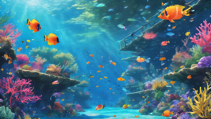 Fototapeta na wymiar Underwater Blue A 2D Illustration Creating a Marine Background with Vibrant Sealife in the Ocean