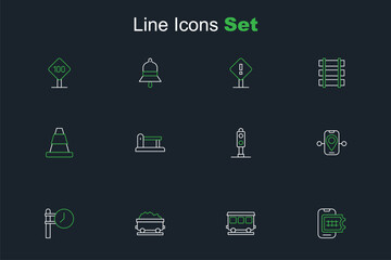 Set line Online ticket booking, Passenger train cars, Coal wagon, Train station clock, Route location, traffic light, Railway, railroad track and Traffic cone icon. Vector