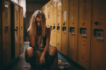 a detailed photo the photograph shows  distressed teen girl, suffering from school bullying, sits against a school locker in the corridor, covering her face and crying