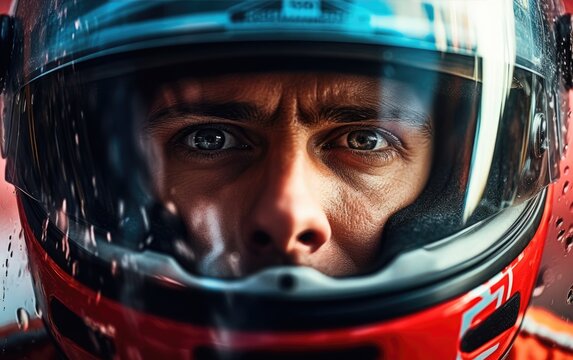 close up of a racer driver with helmet