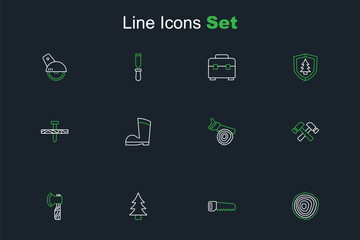 Naklejka premium Set line Tree rings, Hand saw, Wooden axe, Crossed hammer, log, Waterproof rubber boot and Metallic nail icon. Vector