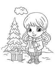 Outline Christmas illustration of a girl with a Christmas gift