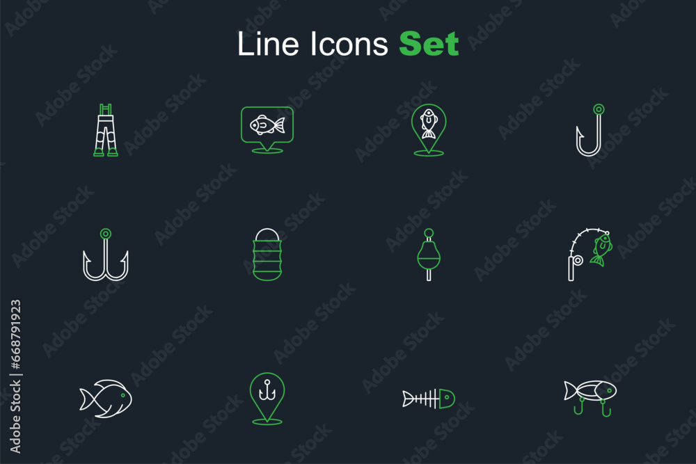 Canvas Prints Set line Fishing lure, skeleton, hook, bucket with fish, rod and, float, net and icon. Vector