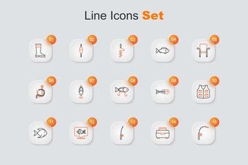 Set line Fishing rod, hook, Location fishing, bucket with, jacket, skeleton and lure icon. Vector