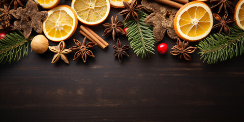 Traditional Christmas spices and dried orange slices on holiday bokeh background - obrazy, fototapety, plakaty