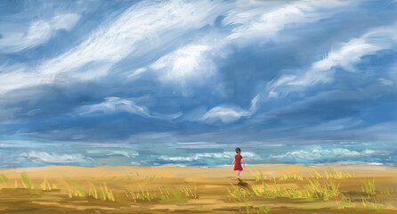 Small girl in red dress walking on sandy beach with sea and blue cloudy sky. Digital hand painted landscape background