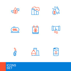 Set line Barrel oil, Oil tank storage, Gasoline pump nozzle, Broken pipe with valve, drop dollar symbol, and and gas industrial factory icon. Vector