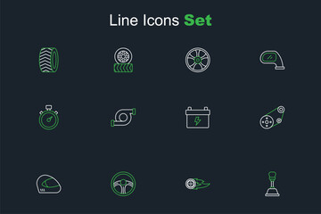 Set line Gear shifter, Wheel in fire flame, Racing steering wheel, helmet, track, Car battery, Automotive turbocharger and Alloy for car icon. Vector