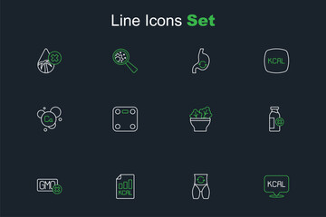 Set line Kcal, Metabolism, Diet plan, No GMO, Lactose intolerance, Salad bowl, Bathroom scales and Calcium icon. Vector