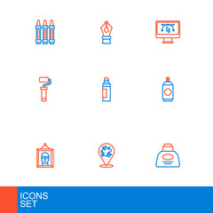 Set line Inkwell, Paint spray, Picture, can, roller brush, Marker pen, Computer with design program and Fountain nib icon. Vector