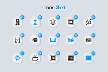 Set Full HD 1080p, Comedy theatrical mask, Movie trophy, Camera shutter, Rating movie, Record button, Stereo speaker and VHS video cassette tape icon. Vector