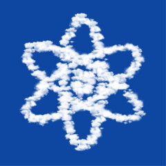 Naklejka premium Clouds in the shape of a atomic symbol on a blue sky background. A symbol consisting of clouds in the center. Vector illustration on blue background