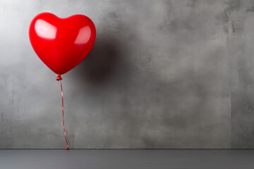 red love shaped balloon against gray wall on saint valentine day - obrazy, fototapety, plakaty
