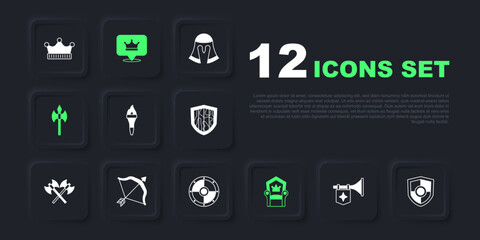 Set Trumpet with flag, Shield, Torch flame, Medieval throne, axe, bow and arrow, King crown and Round shield icon. Vector