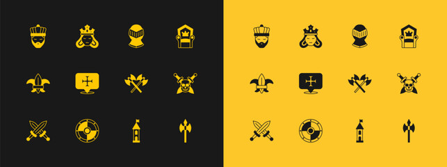 Set Medieval throne, Round shield, Crossed medieval axes, Castle tower, Crusade, helmet, King with crown and Princess or queen icon. Vector - obrazy, fototapety, plakaty