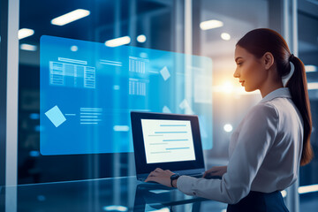 Business women working on virtual screen, automating online documentation process for efficient paperless documentation, Smart digital checklist and online document management concept