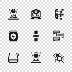 Set Hologram, Speech bubble chat, Eye scan, Wrist watch, Humanoid robot, Computer vision and Energy drink icon. Vector