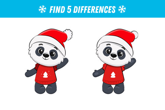 Find five differences between two pictures of cute panda. Cute panda bear. Activity page. Christmas game. Vector