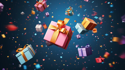 Fototapeta na wymiar Merry New Year and Merry Christmas. Colourful gift boxes with confetti flying and falling, holiday concept banner