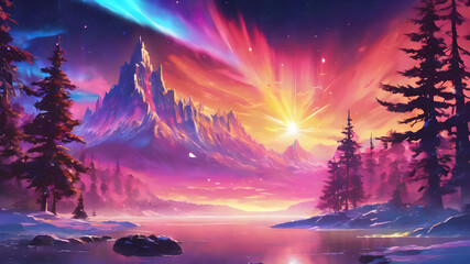 Fototapeta premium Mystical Aurora Over Mountains: A 2D Illustration of the Cosmic Beauty of the Aurora Borealis