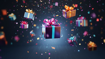 Merry New Year and Merry Christmas. Colourful gift boxes with confetti flying and falling, holiday concept banner - obrazy, fototapety, plakaty