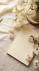 Blank notebook on table with flowers and fruits