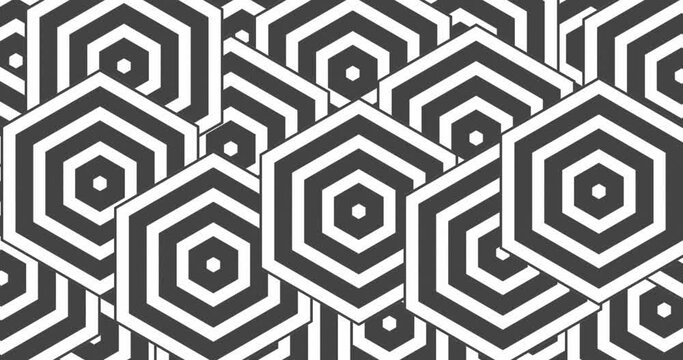 Small hexagonal radiowave arranged and placed randomly to form a pattern grid. Multiple growing polygon radiowave seamless looped motion graphics shape background. Black and white color background.