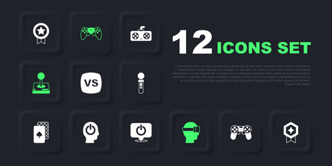 Set Game controller or joystick, rating with medal, VS Versus battle, Virtual reality glasses, Joystick for arcade machine, Power button, and icon. Vector