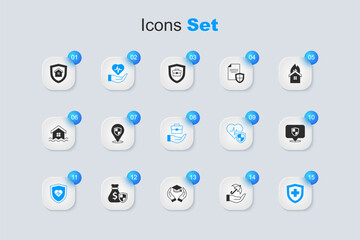 Set Umbrella in hand, Location shield, Life insurance, with, House and Hand holding briefcase icon. Vector