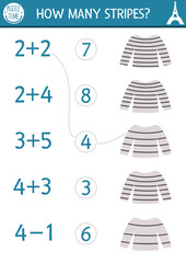 Fototapeta na wymiar Match the numbers game with stripy shirt. Math activity for preschool kids with traditional French clothes. France educational counting worksheet. How many stripes page for children.