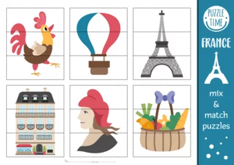 Fototapeten Vector France mix and match puzzle with cute traditional symbols. Matching activity for preschool kids with French signs. Educational printable game with Eiffel Tower, Marianne, rooster, baguette. © Lexi Claus