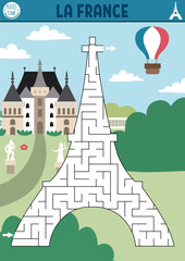 Maze for kids with Eiffel Tower. French preschool printable activity for children with main Paris landmark. Geometric labyrinth game or puzzle with France place of interest, scene, castle.