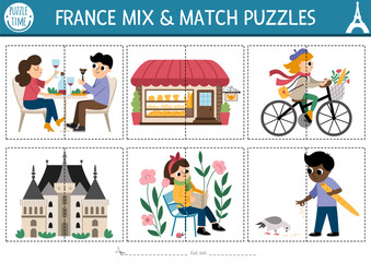 Vector France mix and match puzzle with cute characters, bakery, castle. Matching activity for preschool kids with French people. Educational printable game with reading girl, dining pair.
