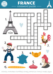 Vector France crossword puzzle for kids. Simple French quiz for children with traditional symbols. Educational activity with croissant, Eiffel Tower. Cross word, English language riddle.