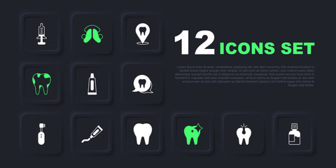 Set Broken tooth, Mouthwash, Tube of toothpaste, Tooth whitening, Dental plate and icon. Vector
