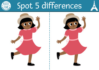 Find differences game for children. Educational activity with cute girl dancing in beautiful dress. Puzzle for kids with funny French character. Printable worksheet or page with France symbol.