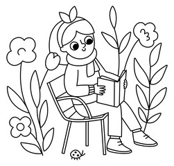 Girl in scarf reading a book on French chair in the park among flowers. Vector black and white illustration of woman. Cute character line icon or coloring page.