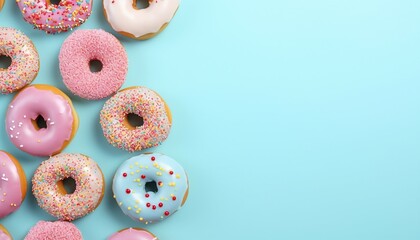 Some donut on the left, light blue background, with copy space top view. Delicious glazed donuts on white background, flat lay. Space for text Generative AI