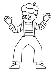 Black and white mime in beret and stripy shirt performing a trick. Vector line French clown illustration. Cute traditional character of France icon or coloring page.