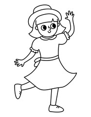 Black and white dancing girl in beautiful dress and hat. Vector line illustration of woman. Cute character icon or coloring page.
