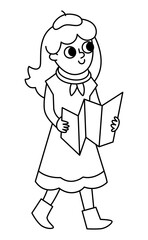 Black and white girl in beret with map. Vector line illustration of woman tourist. Cute character icon or coloring page.