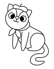 Sitting cat in beret and scarf. Black and white domestic animal vector illustration. Cute character line icon or coloring page. French symbol picture.