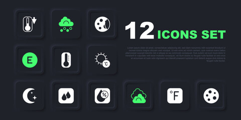 Set Fahrenheit, Moon, Thermometer, Cloud, Compass west, Water drop, Hail cloud and percentage icon. Vector
