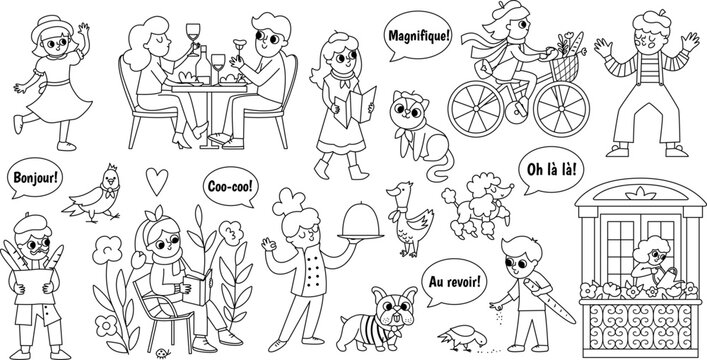 French people and animals vector set. Black and white collection with woman reading book, cook, man with baguette, pair drinking wine, mime, girl riding a bike. Cute France line icons.