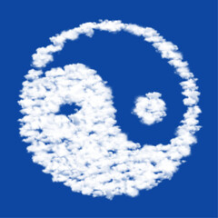 Clouds in the shape of a yin yang symbol on a blue sky background. A symbol consisting of clouds in the center. Vector illustration on blue background