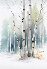 Watercolor painting of birch tree trunks in winter forest.