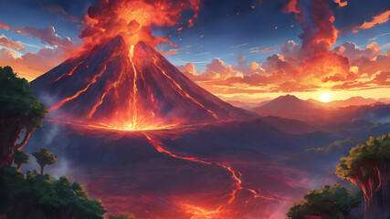 Volcanic Eruption in 2D: An Illustration of a Mountain Exploding with Lava and Magma, Creating a Scenic Landscape - obrazy, fototapety, plakaty