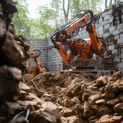 Robotic arms built a brick retaining wall at the construction site in the forest