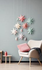 Minimalistic Scandinavian style Christmas interior with paper stars on the walls, handmade origami accessories. Pastel colors room design	