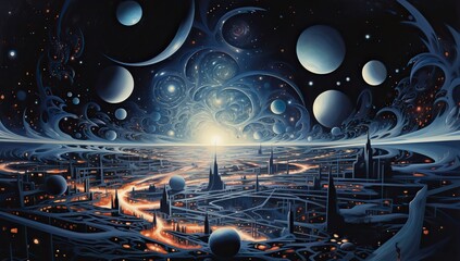 Majestic cosmic landscape featuring planets, shimmering stars, and a multi-tiered city. Abstract background and wallpaper.